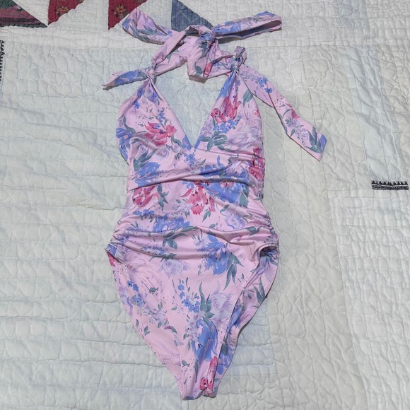 LoveShackFancy Other - LoveShackFancy One Piece Swimsuit Pink Floral Ruched Halter Small